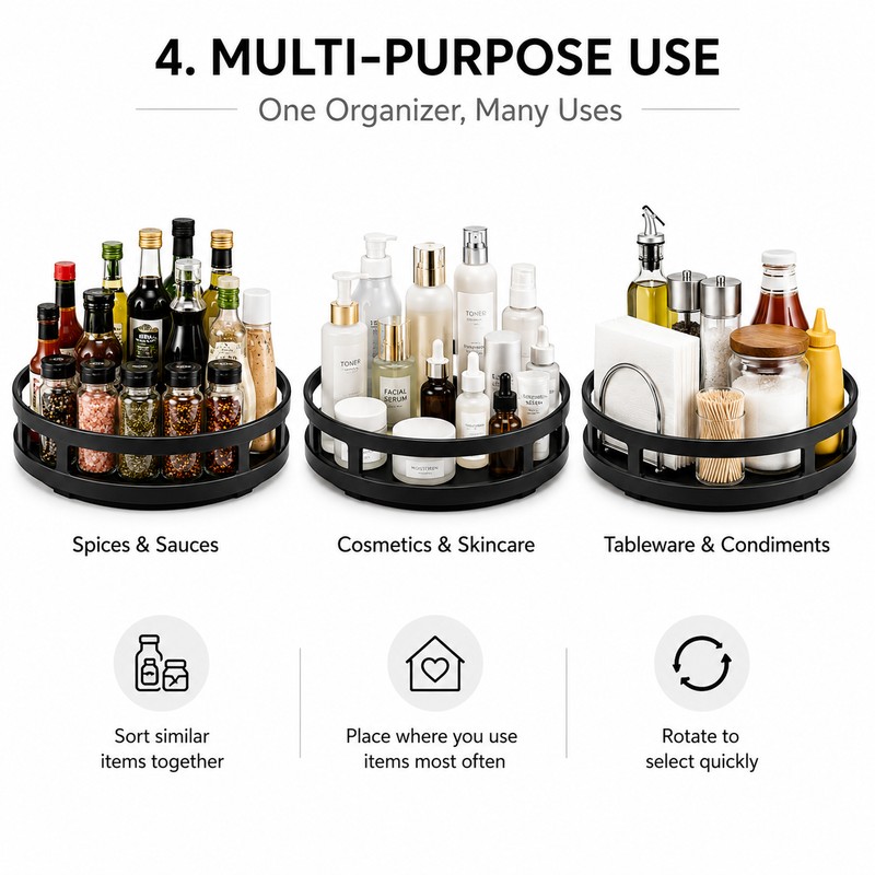 360° Rotating Countertop Organizer for Kitchen Storage – Space-Saving Metal
