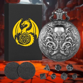Mini DND Dice Set, with Steampunk Double Eyes Octopus Pocket Watch Case, 7-Piece Polyhedral Metal D&D Dice, DND Gifts with Gift Box, Role Playing Board Game Accessories Dice, Dark Silver