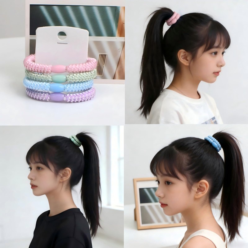 ヘアゴム 4個セット、編み込みデザイン、ビーズ付き、キッズ 、女の子 、ヘアゴム高弾力、レディース ガールズ ヘアアクセサリー (ピンク)pk