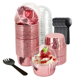5.5 Oz Foil Muffin Cups Muffin Tins 50 Pack,LNYZQUS Jumbo Cupcake Liners With Lids,Disposable Ramekins Pans Cupcake Cups Wrappers,Cupcake Baking Cups For Wedding Bakery-Rose Gold