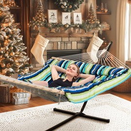 SUNCREAT Hammocks Double Cotton Rope Hammock with Polyester Pad, Heavy Duty Hammock with Steel Stand, Blue&Green