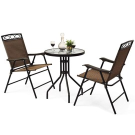 3-Piece Bistro Set, Patio Dining Furniture Set, Round Textured Glass Tabletop w/Umbrella Hole, Outdoor Conversation Set for Backyard Garden Poolside