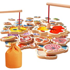 50 Pcs Magnetic Fishing Game for Kids Wooden Ocean Animal Games Wooden Fishing Magnets Learning Toys with Fish Rod Toddler Magnetic Fishing Montessori Toys for 1 2 3 Year Old Boys Girls Birthday Gifts