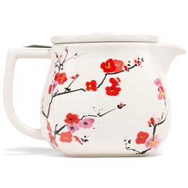Tea Forte Fiore Sakura Cherry Blossom Ceramic Teapot with Removable Stainless Steel Infuser Basket and Lid, Steeps 24 oz. Loose Leaf Tea, Lid and Teapot Dishwasher & Microwave Safe