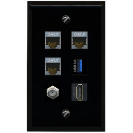 RiteAV 3 CAT7 Coax HDMI USB 3 Flat/Solid Wall Plate [Black]