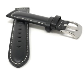 Bandini Extra Long (XL) 22mm Mens Italian Leather Watch Band Strap - Black - Mat Finish - White Stitching