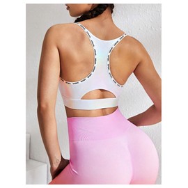 OYOANGLE Women's Metallic Sports Bra Letter Graphic Print Racer Back Padded Yoga Gym Workout Bras, White, Large