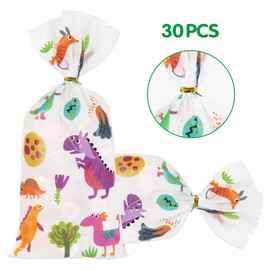 Mikzhskr 30PCS Dinosaur Party Favor Bags Dinosaur Party Decorations Cookie Goodie Candy Gift Bags Cellophane Treat Bags with 30 Pcs Gold Twist Ties for Dinosaur Themed Birthday Party Supplies