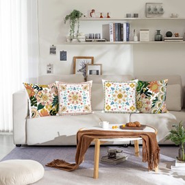 Bonhause Boho Floral Throw Pillow Covers 16x16 Set of 4 Bohemian Decorative Throw Pillow Cases Soft Velvet Cushion Covers for Sofa Couch Car Bedroom Home Decor