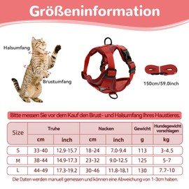 Grantop Adjustable Cat Harness, Escape-Proof Cat Harness with Lead Set, Soft Harness for Cats, Kittens, Dogs, Puppies, Red, S