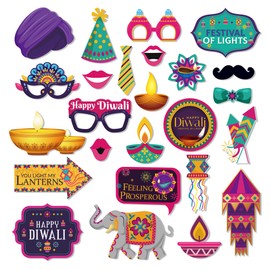 25 Pcs Diwali Decorations Photo Booth Props Centerpiece - Happy Diwali Party Decoration with Lips, Glasses, Aladdin Lamp, Bow Sign for Lights Party Hindu Party Supplies School Events,Family Gatherings