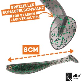 Zite Fishing InZite Pershad 8 cm - Rubber Bait for Pike Fishing - Bulbous Silhouette & Strong Tail Plate - 7 Pieces - Jig, Finesse & Offset Mounts Also Dropshot Fishing (Black Vibe)