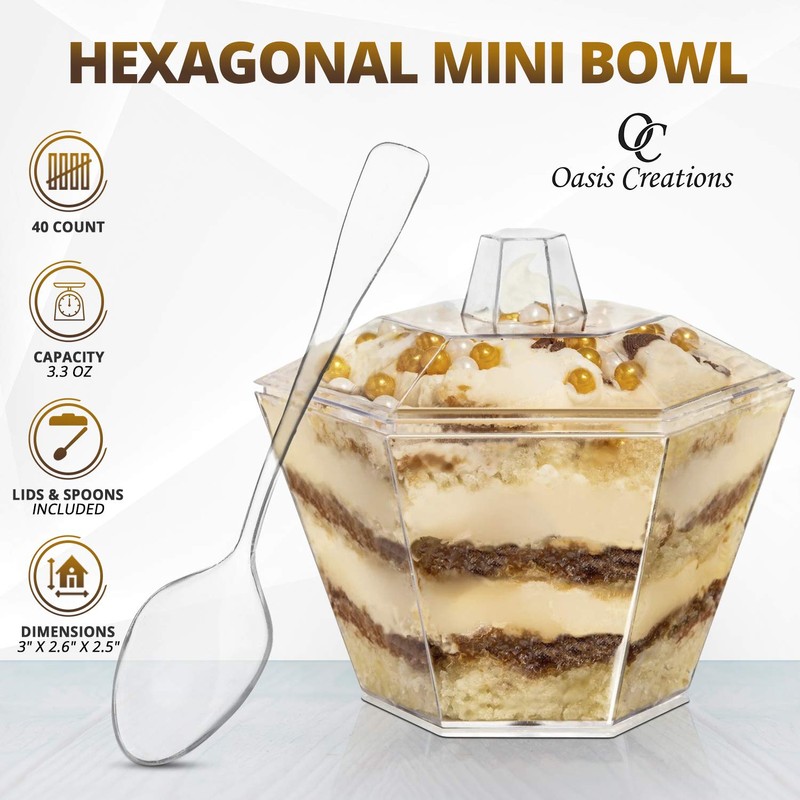 Oasis Creations Hexagonal Mini Bowl-Lids & Spoons Included- 3.3 ounce