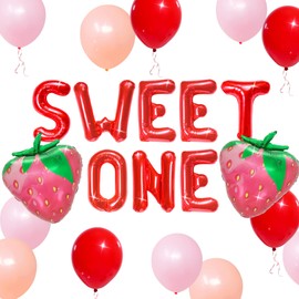 JeVenis Strawberry First Birthday Decorations Sweet One Banner Strawberry Balloons Summer Fruit Birthday Party Supplies