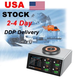 New PD+QC Multifunctional Display Intelligent 8 Port Magnetic Positioning Wireless USB Type C Charging Station Fast Chargercolor: silver gray, socket standard: UK