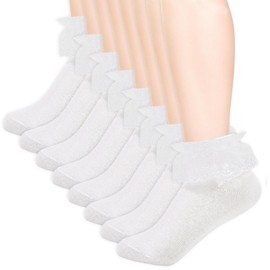 8 Pairs Girls Ruffle Socks, Toddler White Lace Ankle Socks, Breathable Cotton Lace Socks, White, 2 - 3 years