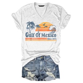 Woxlica Gulf of Mexico T Shirt V Neck Graphic Mexico Shirts for Women Beach Tops White S