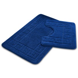 VELVETIO Bath Mat Set 2 Piece Machine Washable for Bathroom, Jacquard Greek Non Slip Quick Dry Shower Rugs & Bathtub Mats, Highly Water Absorbent 100% Polypropylene Toilet Rug Sets, Royal Blue