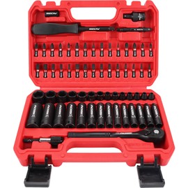 64-Piece 1/4" Drive Impact Socket Wrench Driver-Bits Set, Cr-V Metric&SAE Deep and Shallow Socket Set, S2 Power Bits with Quick-Release Ratchet Handle, Universal Joint, Bit Holder, Power Drill Adapter