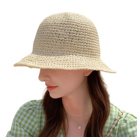 Women's Summer Straw Panama Hat Wide Brim Foldable Beach Sun Hat Breathable Sun Cap (US, Alpha, Medium, X-Large, 米色)