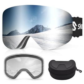 Snowalva Ski Goggles, Frameless Snowboard Goggles with 2 UV400 Magnet Ski Lenses for Men & Women (Silver(vlt 9%) + Clear (Vlt 83.5%))