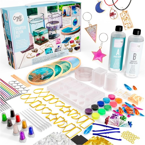 Craft It Up Epoxy Resin Kit for Beginners - Jewerly Making Kit for Kids and Adults - All in One Craft Set with Molds, Charms, Dyes, Dry Flowers & Other - DIY Gift for Girls Boys Childen Adults