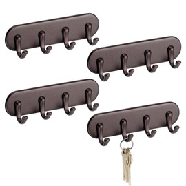 iDesign Self-Adhesive Key Rack with 4 Hooks - Key Holder for Wall - Set of 4 - Bronze