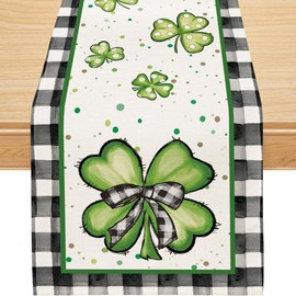 Siilues St Patricks Day Table Runner, Buffalo Plaid St Patricks Day Decoraions Green Shamrock Seasonal Spring Holiday Table Decorations for Indoor Outdoor Dining Table Decor (13'' x 108'')