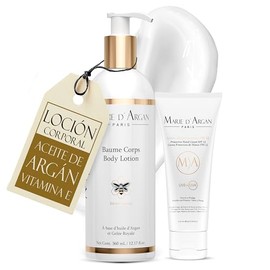 MARIE D'ARGAN Kit Cuidado Corporal de 2 Piezas, Loción Corporal Hidratante de 360 ml y Crema de Manos FPS 12 de 80 ml con Aceite de Argán, Jalea Real 