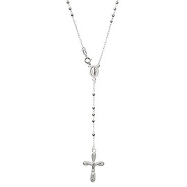 Sterling Silver 3mm Round Bead Jesus Christ Crucifix Cross Mother Mary Medal Rosary Necklace, 26"