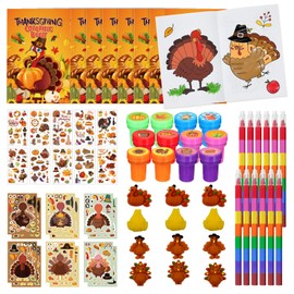 Cinrobiye 72 Pcs Thanksgiving Day Party Favors Fall School Exchange Gifts Thanksgiving Coloring Books Stacking Crayons Turkey DIY Sticker Stampers Class Reward Prizes for Autumn Harvest Party