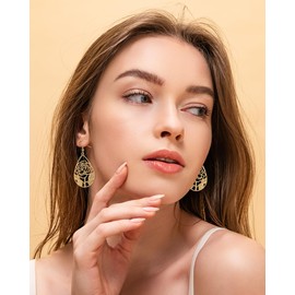 Teppdfann Gold Plated Rose Flower Filigree Teardrop Dangle Earrings Vintage Fashion Lightweight Drop Earrings for Women Trendy