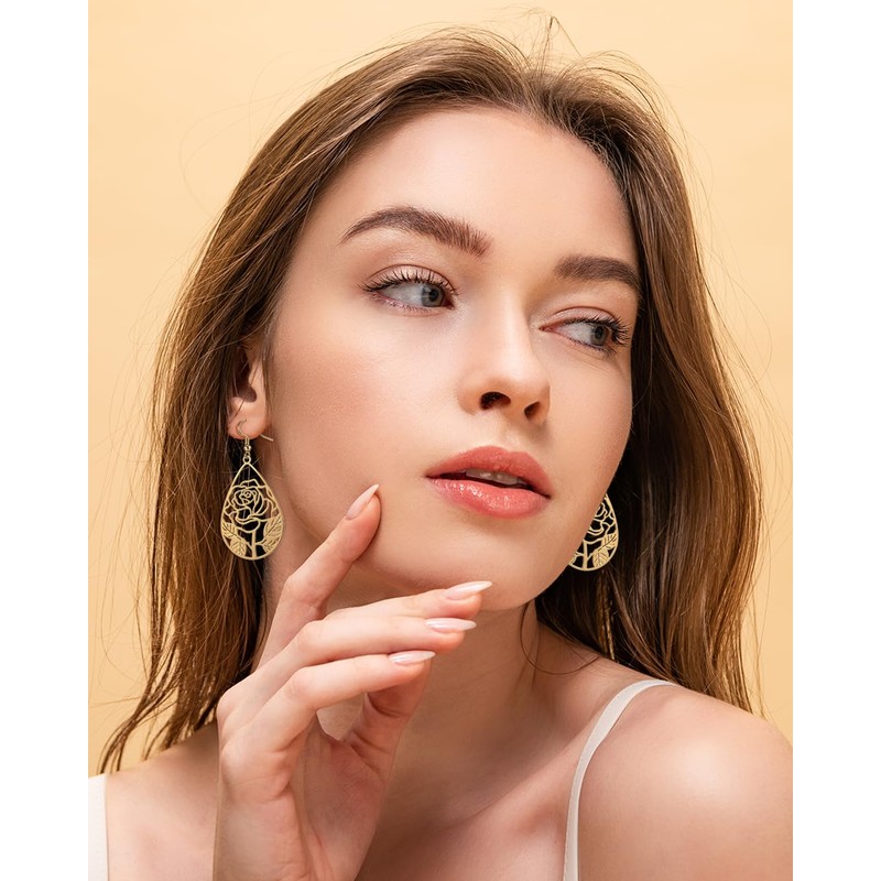 Teppdfann Gold Plated Rose Flower Filigree Teardrop Dangle Earrings Vintage