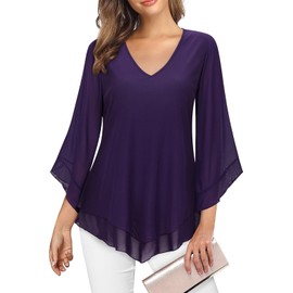 Gemulate Womens Overlap Ruffle Sleeve V Neck Elastic Mesh Blouse Loose Flowy Tunic Tops-Dark Purple, XXXL