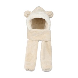 Kids Cartoon 3 in 1 Hat Scarf Gloves Set Winter Warm Imitation Rabbit Fur Hoodie Hat Full Hood Cap Thicken Thermal Beanie Hat Scarves Neck Warmer Xmas Gifts for Boys and Girls 5-12 Years