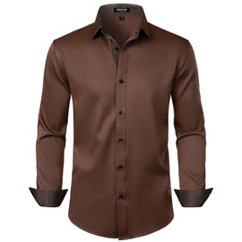 JEMITOP Men's Stretch Multi-Use Dress Shirts Party Prom Wedding Tuxdeo Long Sleeve Button Down Shirts Brown L
