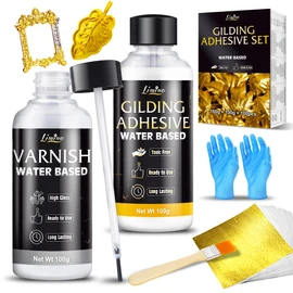 Gold Leaf Gilding Adhesive Kit - 3.5oz Water Based Adhesive and 3.5oz Varnish with Brush, Gold Leaf Sheets 100 pcs, Gold Leaf Adhesive Set for Foil Arts, Crafts, Painting, Furniture and Decoration