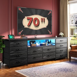 Romorgniz 63" Dresser for Bedroom with 12 Fabric Drawers Black Dresser with LED Lights & Power Outlets TV Stand for 70 Inch TV, Organizer for Bedroom