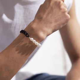 Pearl Bracelet for Men Punk Pearl Chain Bracelet for Boyfriends Black Metal Chain Stitching Faux Pearl Bracelet Cool Men's Beaded Bracelet for Birthday Gifts Christmas Gifts (Style A)