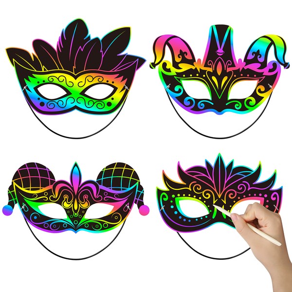 WATINC 24pcs Mardi Gras Halloween Scratch Masks for Kids, Carnival Prom Rainbow Art Craft Kit, Masquerade Party DIY Magic Color Scratch Paper Mask, Costumes Dress Up Scratch Off Cards Supplies