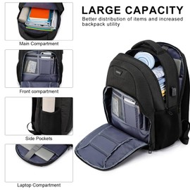 Men's School Laptop School Backpack Boys Teenagers with 15.6 Inch Laptop Compartment, Waterproof Work School Bag with USB for School, Hiking, Travel, Business, Black