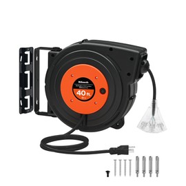 WILAWELS Retractable Extension Cord Reel, 40 FT Heavy Duty Power Cord, 12AWG/3C SJTOW, 3 Grounded Outlets Lighted Triple Tap, 15 Amp Circuit Breaker, UL Listed, Orange B40CR06