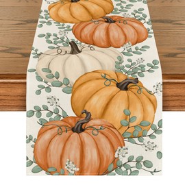 Artoid Mode Orange Pumpkins Eucalyptus Leaves Fall Table Runner, Autumn Thanksgiving Kitchen Dining Table Decoration for Home Party Decor 13x120 Inch