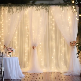 Shillance 30ft x 10ft White Backdrop Curtain with Lights for Parties, Sheer Wedding Photo Backgrounds Tulle Drapes for Baby Shower Birthday Party Decorations Backdrop for Photography