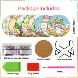 8 Pcs Easter Gnome Diamond Art Coasters Kits with Holder Easter Gnome Diamond Art Coaster with Cork Bases for Adults Diamond Kits Supplies for Easter Holiday