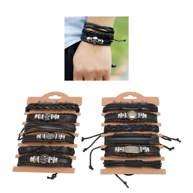 12PCS Braided Faux Leather Bracelet Set Multilayer Vintage Rock Style
