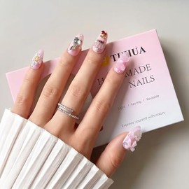 24 uñas postizas hechas a mano con lazo rosa 3D, longitud media, forma de almendra y flor blanca, kit de manicura para mujeres y niñas.