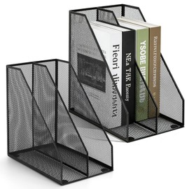 Carperipher Metal Mesh Magazine File Holder, 2 Pcs Desk Document Organizer, 2 Compartments Desk Organizers, Mesh Desktop Organizer and Storage, Black