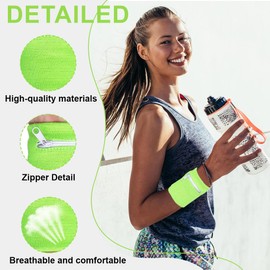 JEYORZY Pack of 2 Sweatbands with Zip, Sports Wristband Wrist Bag with Practical Zip Pocket, Wrist Key Bag, Sweatband Arm for Jogging and Tennis Sports, Green