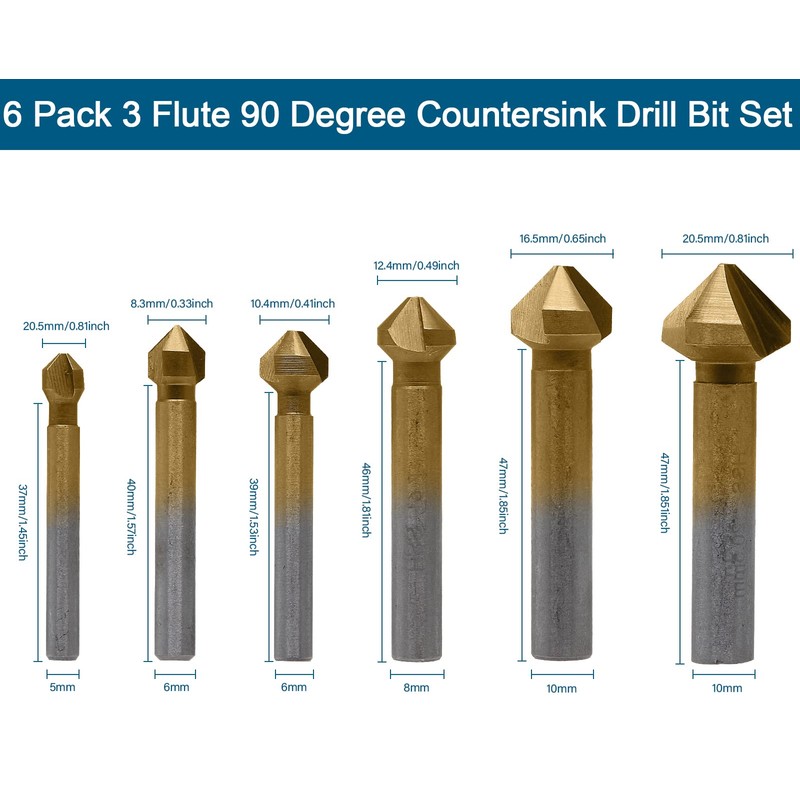 Aracombie 6 Pack 3 Flute 90 Degree Countersink Drill Bit